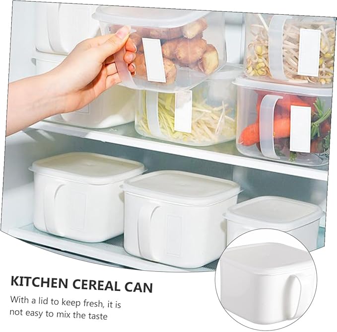 Kitchen Food Storage Containers with Handle and Lid Large White Plastic Airtight Cereal Storage Canisters for Fridge 2pcs Food Organizer Boxes with Labels for Fruit