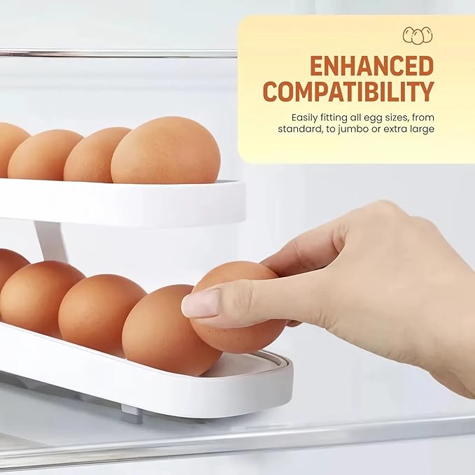 RollDown Egg Dispenser for Refrigerator - 2 Pack Space Saving Egg Holder & Organizer, FIFO Rolling Dispenser Rack for Standard/Large/Jumbo Eggs