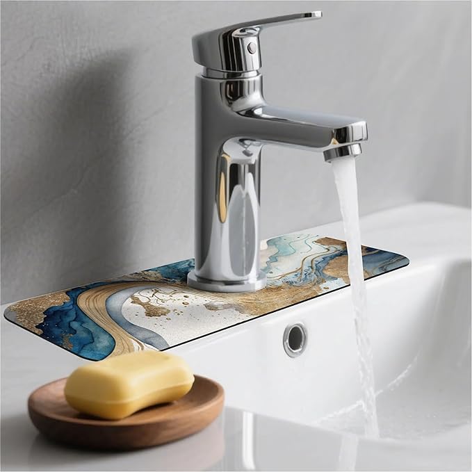 Kitchen Sink Splash Guard，Natural blue and gold marble Faucet Mat Sink Gadgets-Super Absorbent Fast Drying Mat Drip Catcher for Kitchen, Bathroom,Sink Mat, Dish Drying Mat, Bathroom(15" X 5.5" )