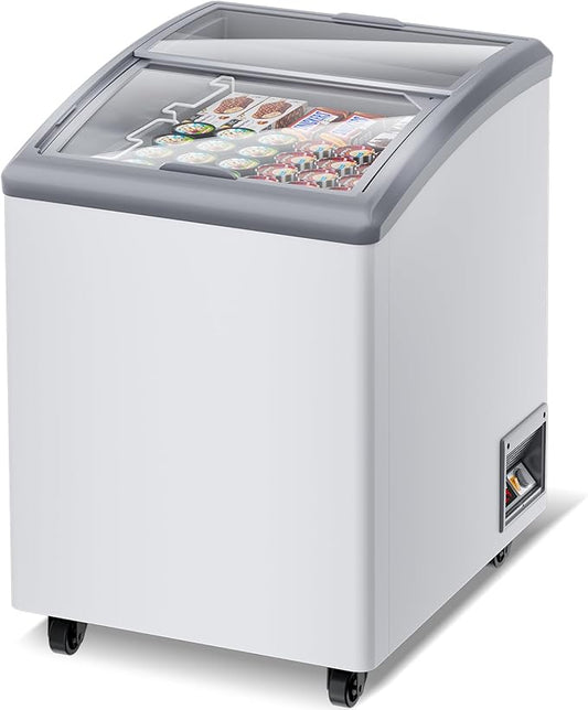 23 Inch Commercial Freezer Commercial Ice Cream Freezer Display Case with 2 Removable Wire Baskets & 2 Sliding Glass Doors - White Commercial Refrigerator for Shop Use 5.5Cu.Ft.