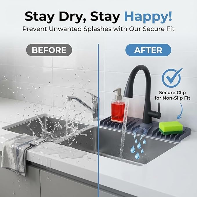 Pilova Premium Kitchen Sink Splash Guard - [16" x 5.7"] Silicone Sink Mat with Secure Clip, 10° Slope Silicone Faucet Mat for Kitchen Sink, Splash Guard Behind Faucet, Non-Slip Secure Fit