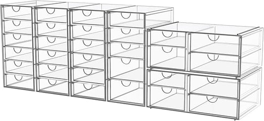 Acrylic Makeup Organizer with 31 Drawers, 6 Pack Clear Storage Drawers, Bathroom Makeup Organizer for Palettes, Cosmetic, and Beauty Supplies,Ideal for Vanity, Cabinet,Desk Organization