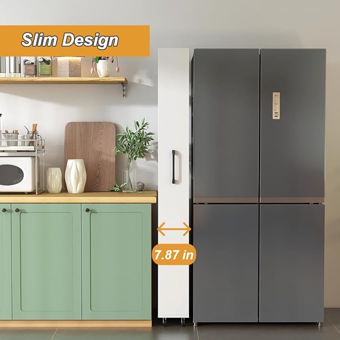 7 Tier Slim Storage Cart, Rolling Spice Rack Next to Fridge Slim, Narrow Storage Cabinet, Wood Storage Organizer with Handle Wheels for Kitchen, Dining Room (7 Tier - Walnut2)