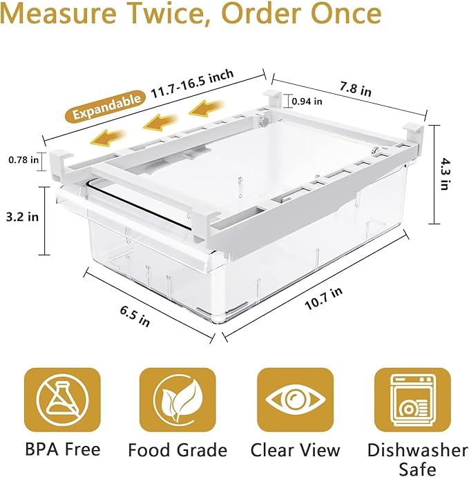 Refrigerator Drawer Organizers, Fridge Drawer Organizer, Pull Out with Handle, Clear Container for Food Drinks, Fit for Refrigerator Shelf Under 0.6 Inch, Easy to Install（1-Pack）