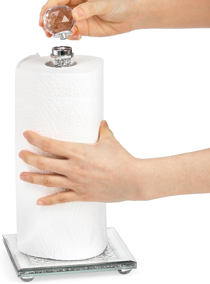 Suwimut Paper Towel Holder Countertop, Silver Paper Towel Roll Dispenser Stand Weighted Base Non Slip Filled with Sparkly Crystal Crushed Diamond for Home Kitchen Bathroom Tabletop