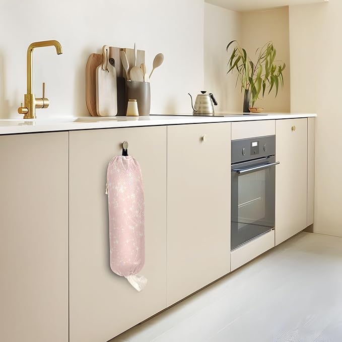 1 PC Plastic Bag Holder Wall Mount Grocery Bag Holder Shopping Bag Trash Bag Storage Organizer Dispenser for Kitchen Closet 22 x 9 Inch Shimmer Pink