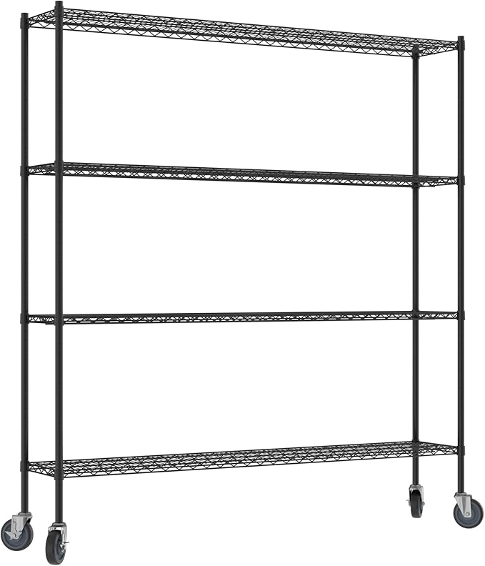 Commercial NSF Listed Black Epoxy Mobile Wire Shelving Kit 14" x 72" x 80", with 4 Shelves Perfect for Warehouse, Walk-in Refrigerator, Freezer, Grocery Store, Restaurant, Dishroom
