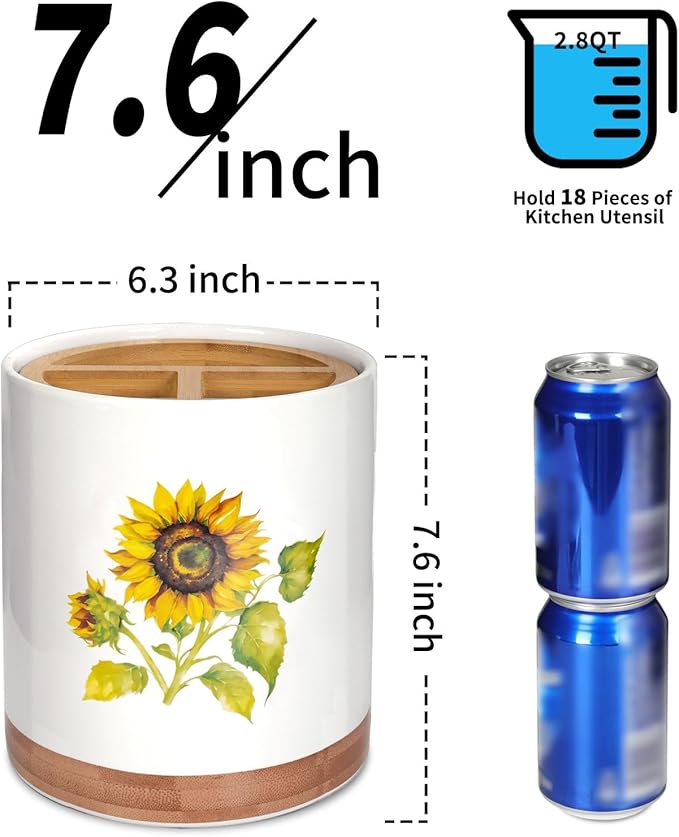 HAPPY KIT 7.6″ Extra Large Kitchen Utensil Holder, 360° Rotating Utensil Holder for Kitchen Counter with 3 Removable Compartment, Housewarming Gift & Farmhouse Decor(Sunflower)