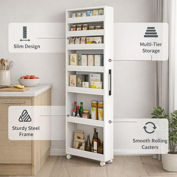 7 Tier Slim Rolling Storage Cart with Wheels, Narrow Storage Cabinet for Small Spaces, Mobile Spice Rack Organizer for Kitchen, Pantry, Baking Room, Dining Room(White,9.8"x19.7"x72.4")