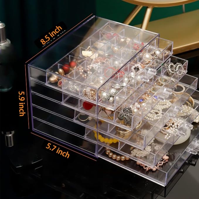 Acrylic Jewelry Box With 5 Drawers Clear Earring Storage Organizer Display Case Earring Organizer Box with Compartment Tray Transparent Jewelry Holder Organizer for Earrings Necklace Rings Bracelet