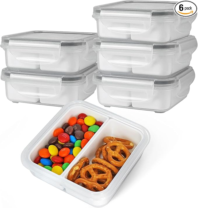 carrotez 2 Compartment Small Snack Containers, Mini Snack Containers for Mini Fridge, Small Divided Food Storage Containers, Airtight Lids, Reusable, 1.1 cup, 6 PACK