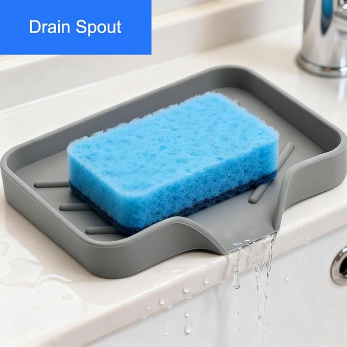 Sponge Holder with Drain Spout, Silicone Sponge Tray for Kitchen Sink, Rubber Soap Dish for Shower Bathroom (Grey, 4.7" x 3.6")