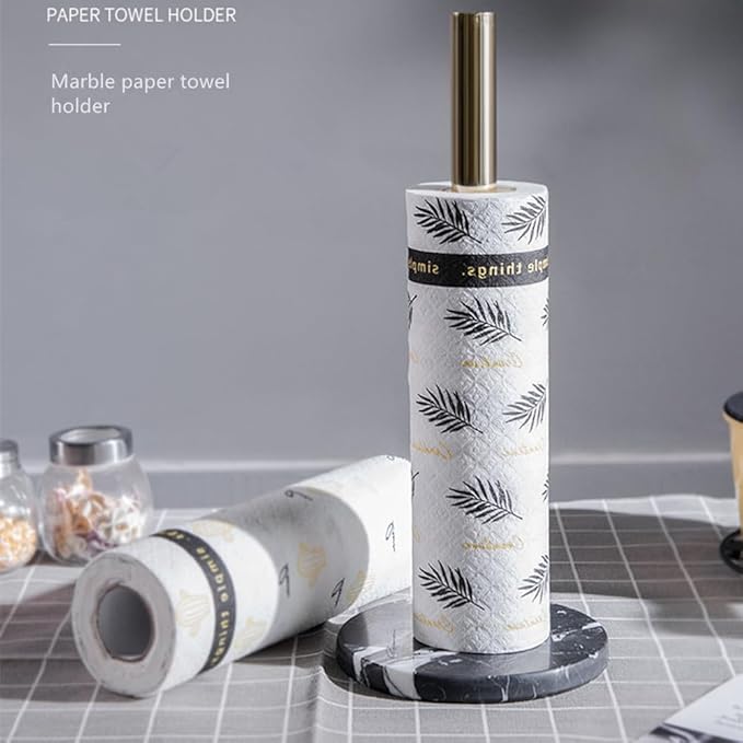 Stainless Steel Kitchen Roll Holder in Gold Champagne with Black Marble Base, Kitchen Paper Holder, Kitchen Paper Stand, 14.17 in x 5.91 in Diameter (Gold Champagne)