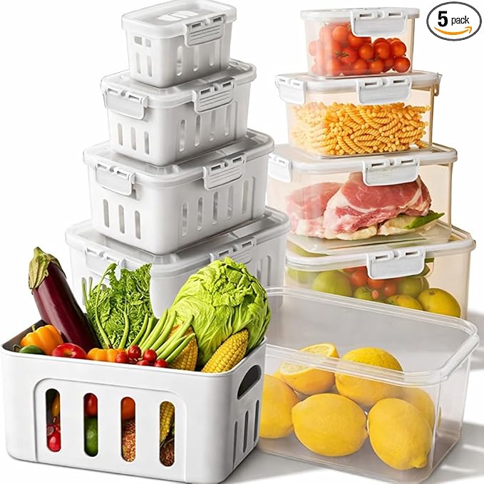 DAZZLEREE Fruit Containers for Fridge Keep Fresh, 5-Pack Produce Containers for Fridge with Lids, Meal Prep Containers, Food Organizer with Removable Colander, Microwave & Dishwasher Safe (White)