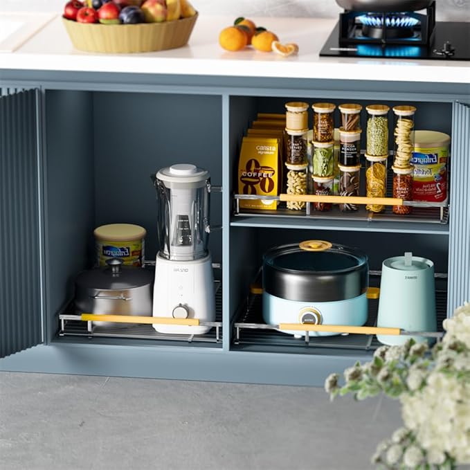 SANNO Slide Out Cabinet Drawer, Expandable Pull Out Cabinet Organizer,Bottom-Mounted Shelf for Kitchen Cabinet or Under Sink,Stainless Steel,Expandable Width 14.16" to 24.16"