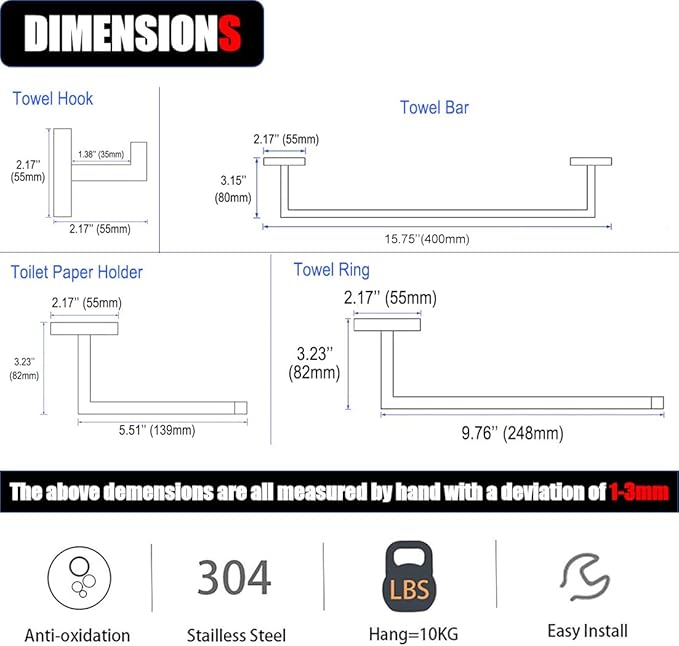 Bathroom Hardware Set 4 Piece Matte Black Bathroom Accessories Set SUS304 Towel Bar Set Includes Towel Bar 16 Inch+Towel Holder+Toilet Paper Holder+Towel Hook (4, Matte Black)