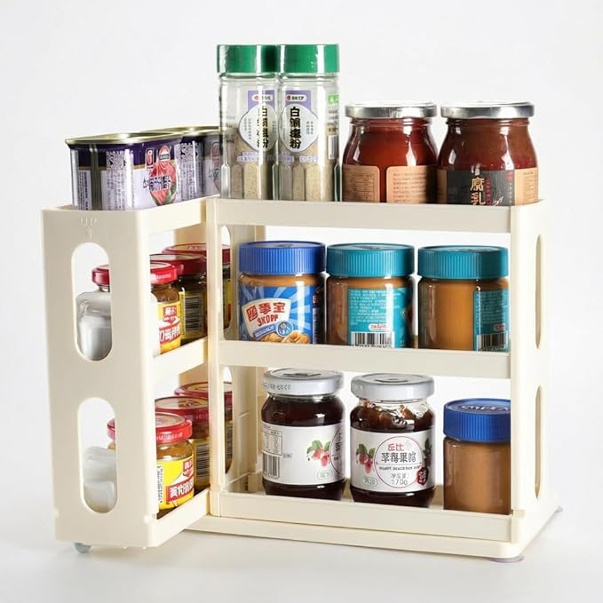 Spice Rack Organizer 3 tier Seasoning Holder, Pull and Rotated Storage Cabinet for Kitchen Bathroom Countertop 9”H x 5.8”W x 10.4”D (Natural White)