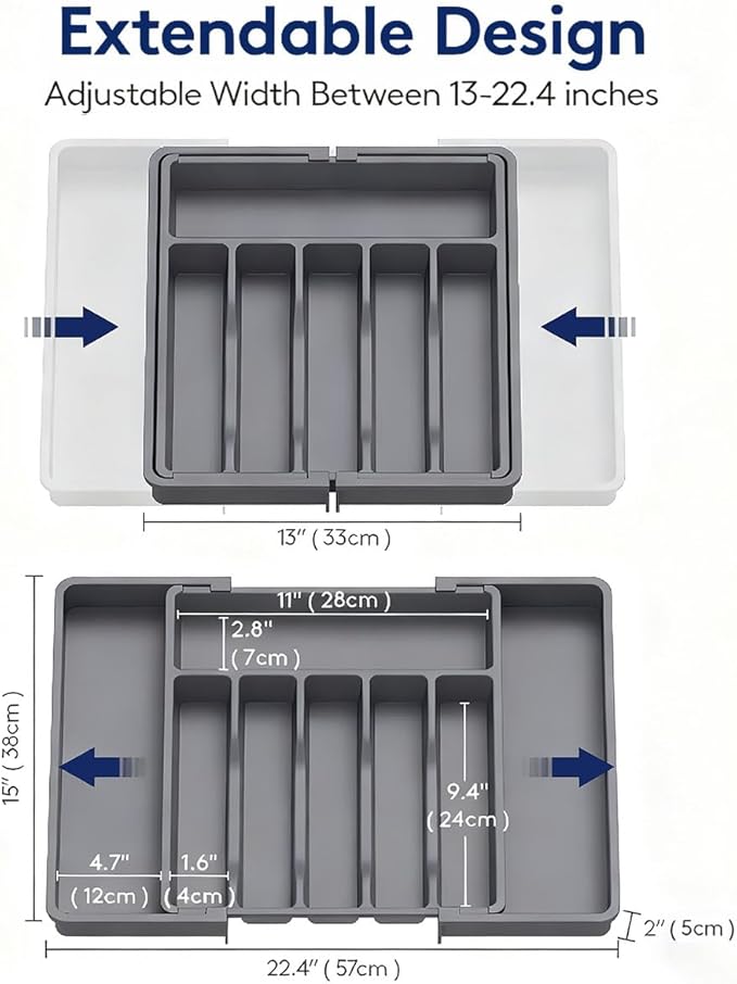 Expandable Large Silverware Tray For Drawer Organizer, Kitchen Cooking Utensil Drawer Organizer For Spoons Forks Knives, Adjustable Cutlery Flatware Holder 13"-22.4" X 14.7" X 2" (Gray)
