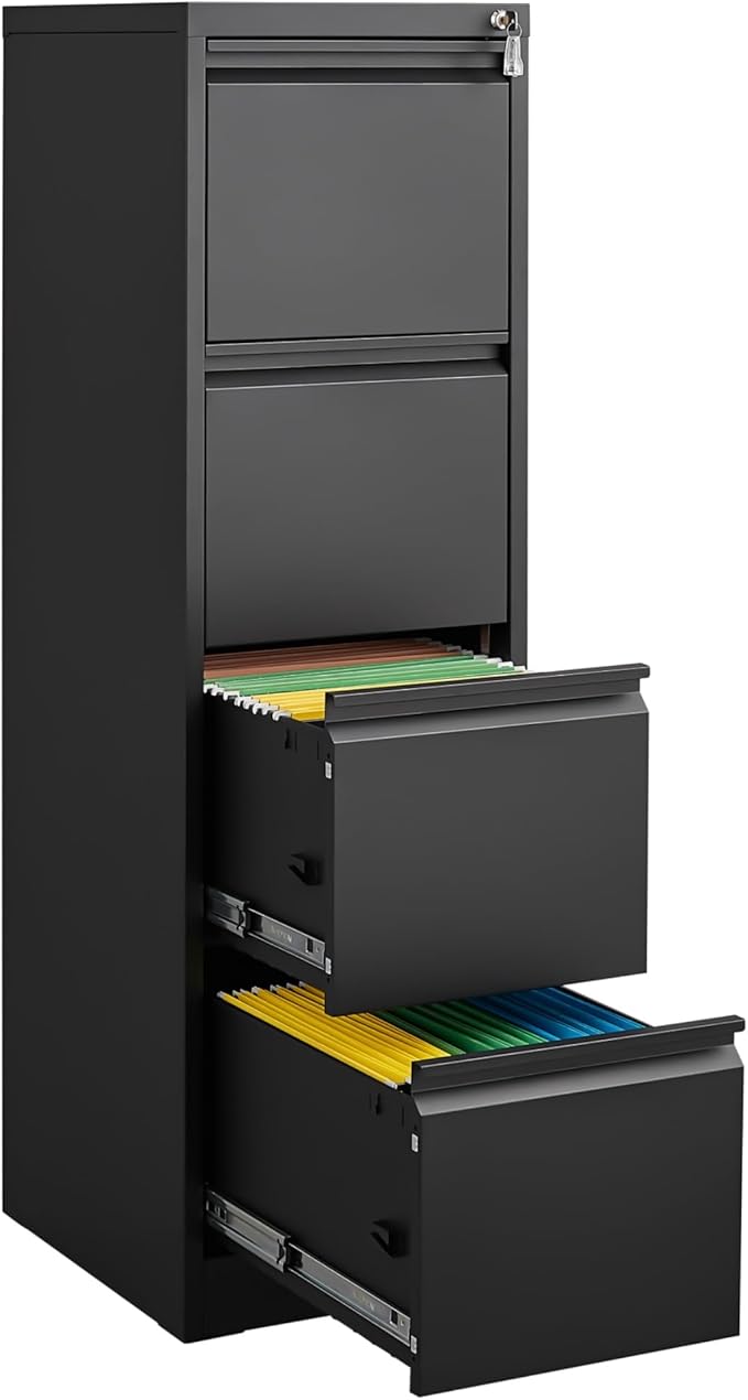 4 Drawer File Cabinet with Lock, Vertical Filing Cabinet for Home Office Garage, Metal Lockers Steel Lockable Drawer Storage Organizer for Letter Size/a4/Legal Files Black