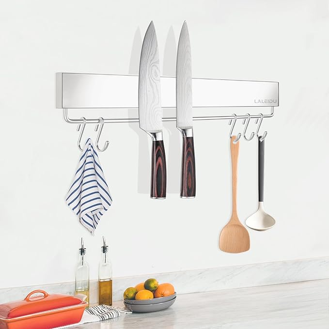 Magnetic Knife Holder for wall, 12 Inch Knife Magnetic Strip with 5 Hooks, Stainless Steel Knife Holder Magnet Rack for Kitchen Organizer, Mount with Adhesive or Screws