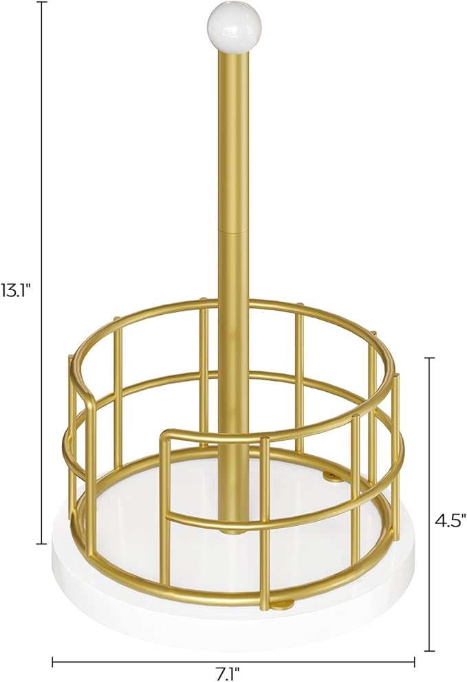 Paper Towel Holder, Kitchen Paper Towel Holder for Countertop, Gold Paper Towel Stand with Wooden Base, Freestanding Kitchen Roll Holder, for Standard Size Rolls, Gold CJ05DW