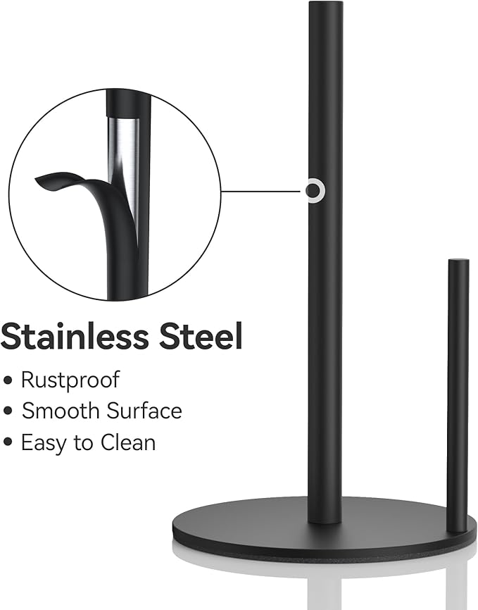 Paper Towel Holder Countertop, Stainless Steel, Black, for Kitchen, Pantry, RV