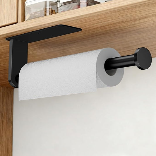 Black Paper Towel Holder Under Cabinet, Adhesive Under Counter Paper Towel Holder Wall Mount Towel Rack, No Drilling Toilet Paper Roll Holders for Kitchen Bathroom Fridge Pantry Garage RV Essentials