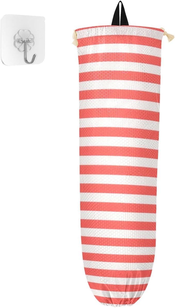 Plastic Bag Holder Wall Mount Grocery Bag Shopping Bag Storage Holder Organizer Dispenser with Adhesive Hook,for Kitchen Bathroom Home Decor 9x22 Inches Red and White Stripeds04