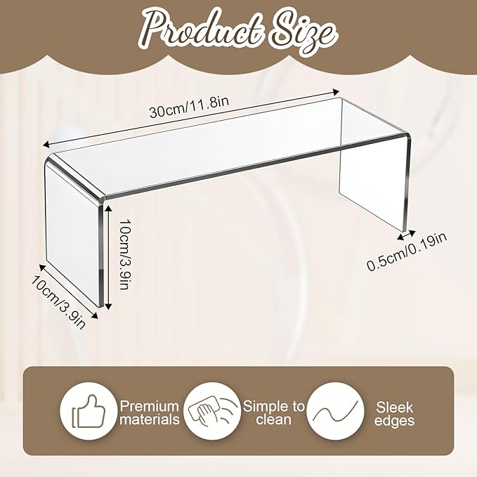 4 Pcs Acrylic Risers Display Stands, 12" x 4" x 4" Clear Acrylic Cabinet Organizer Shelf Kitchen Spice Rack Countertop Display Rack for Dishes, Bottles, Perfumes, Ornaments (5mm Thick)