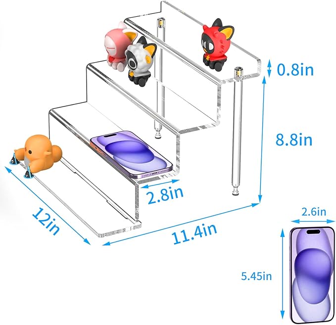 NIUBEE Acrylic Riser Display Shelf, 2 Pack Clear Display Stand for Amiibo Funko POP Figures,4 Tier Cupcakes Stand Perfume Organizer and Storage (12 Inch Large)