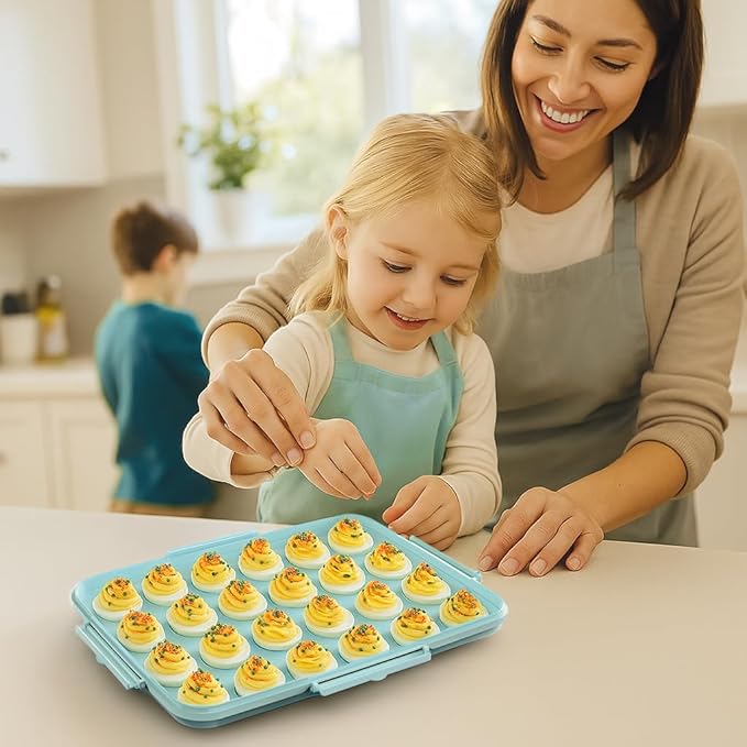 Deviled Egg Containers with Lid - Reusable Platter 2 Pack 48 Count Storage Tray with Handle for Potlucks, Tea Parties, Party, Thanksgiving, Picnics, Refrigerator, Christmas, Easter, Brunches (Blue)