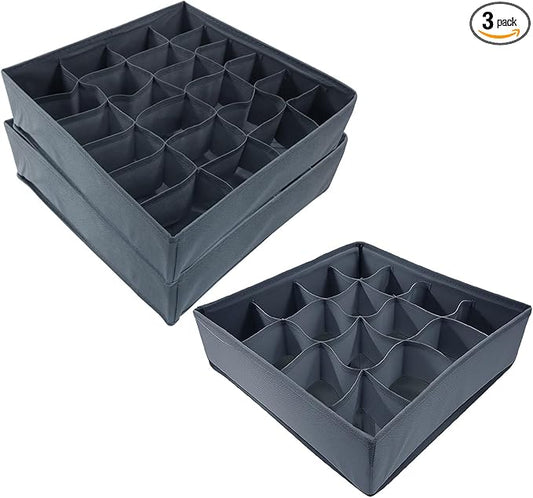 3 Pack Sock Underwear Organizer Dividers, Collapsible & Foldable Cabinet Organizer Storage Boxes, 64-Cell Fabric Drawer for Socks, Underwear, Ties (16+24+24 Cell, Gray)
