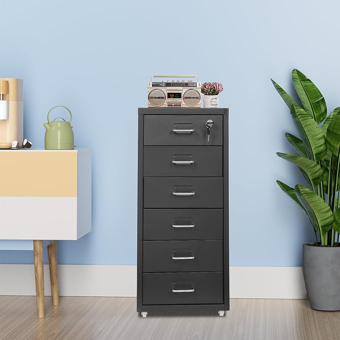 6-Drawer File Cabinet with Lock & Wheels, Vertical Metal Filing Cabinet for Home Office - Black Storage Organizer for A4/Letter Documents, Assembly Required