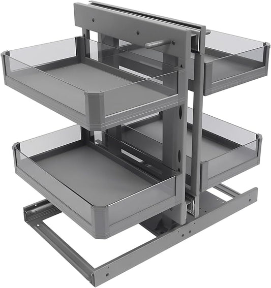 2-Tier Blind Corner Pull Out Organizer, Metal&Tempered Glass Pull-Out Cabinet organizer with 4 Basket, Kitchen Slide Out Shelf Organizer, Left Open&Right Open Compatible, Min Opening 14.57" Soft Close