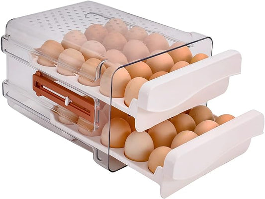 Sooyee 40 Capacity Egg Container for Refrigerator, Household Egg Holder for Fridge, Transparent 2 Drawers Chicken Egg Storage Container,White
