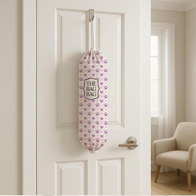 The Bag Bag Grocery Bags Holder, Purple Paw & Heart Pattern Grocery Bags Holder Organizer for Shopping Sack, Reusable Hanging Trash Sack Dispenser, Kitchen Gift for Women Family Friends Grandma Mom