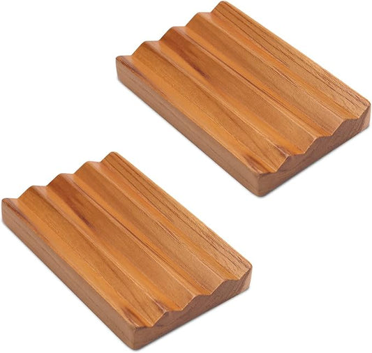 Teak Soap Dish for Shower Pack of 2 by HTB, Wood Decorative Bath Soap Holder Heightened Base Design to Keep Soap Dry in Kitchen, Bathroom, Sink, Bathtub, Wooden Soap Saver for Hand Face Shampoo Bar