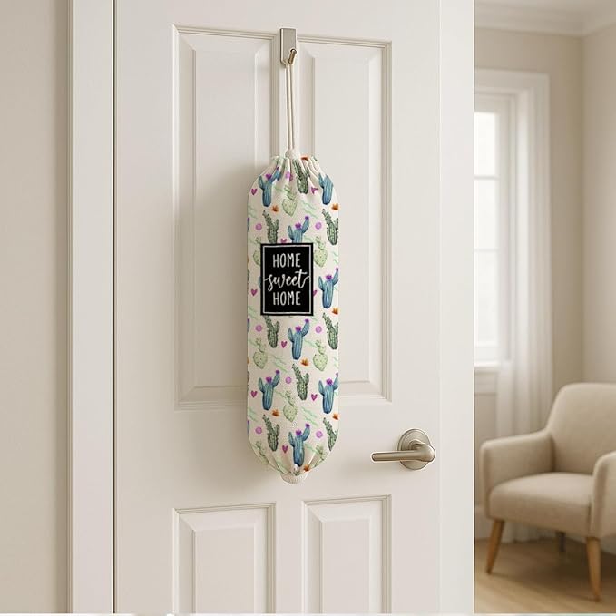 Plastic Bag Holder, Home Sweet Home Plastic Bag Holder for Kitchen Essentials, Reusable Hanging Trash Sack Dispenser, Plastics Bags Storage Container Dispenser, Kitchen Gifts For Women Family Friends