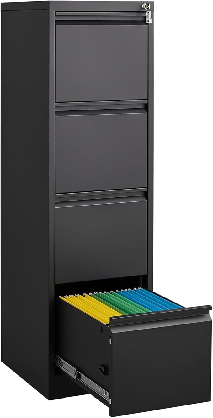 4 Drawer File Cabinet with Lock, Vertical Filing Cabinet for Home Office Garage, Metal Lockers Steel Lockable Drawer Storage Organizer for Letter Size/a4/Legal Files Black