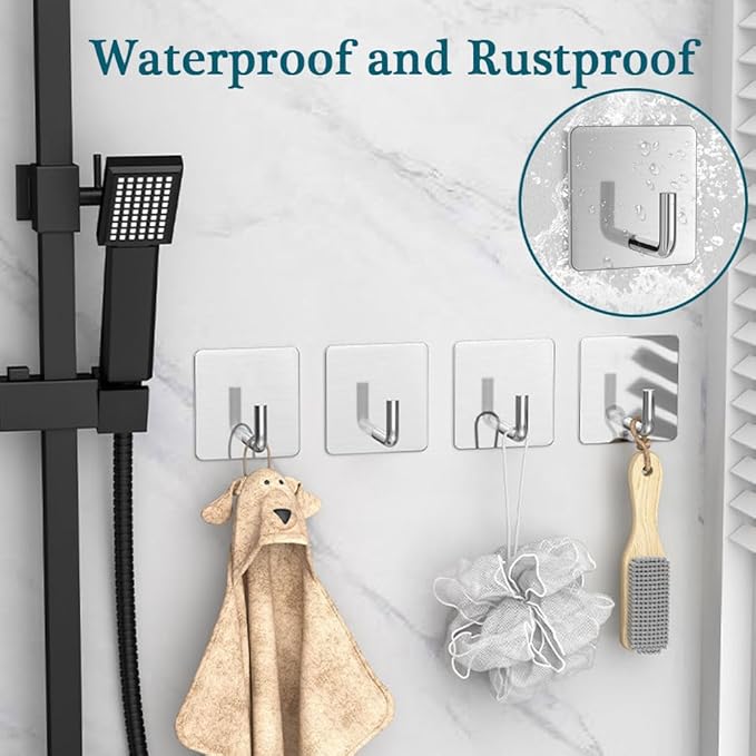 EDMILE Adhesive Towel Hooks, 8 Pack Self Adhesive Coat Sticky Hooks for Hanging, Stainless Steel Stick on Wall Hat Hook, Bathrooms Kitchen Livingroom Garage, Silver