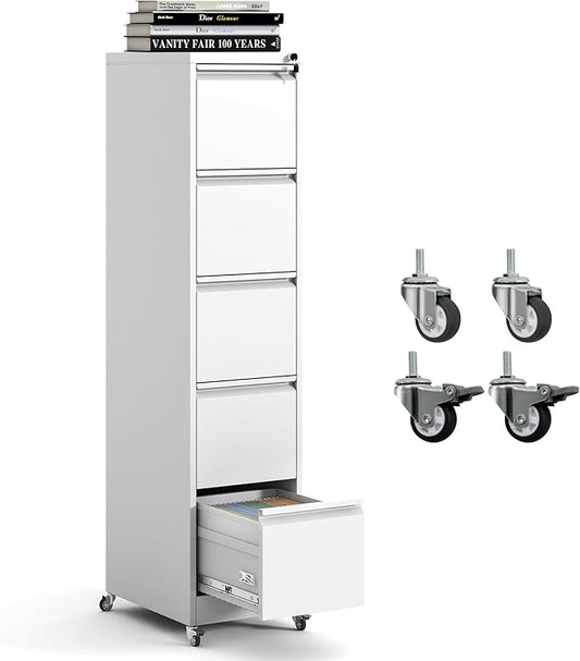5 Drawer Mobile File Cabinet, Metal Filing Cabinet with Lock and Wheels, Home Office Rolling File Cabinets for Legal/Letter Hanging File Folders, Un-Assembled (White)