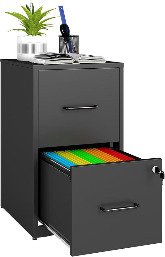 2 Drawer File Cabinet with Lock, Vertical Filing Cabinets for Home Office, Metal Storage Cabinet, Heavy Duty File Cabinet for Under Desk, Amsseble Required, Black