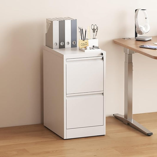 2 Drawer File Cabinet with Lock, Vertical Filing Cabinets for Home Office, Metal Storage Cabinets, Heavy Duty File Cabinet for Letter/Legal/A4/F4 Size Amsseble Required, White