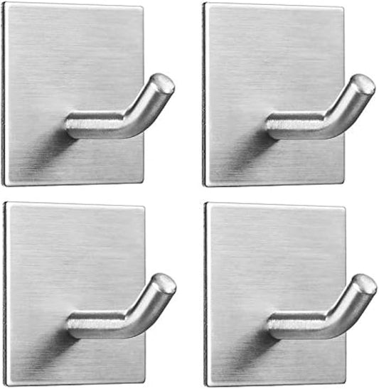 FOMANSH Heavy Duty Adhesive Hooks, Stick on Wall Adhesive Hangers, Strong Stainless Steel Holder, Self Adhesive Hooks for Kitchen Bathroom Home Door Towel Coat Key Robe 4 Packs Silver