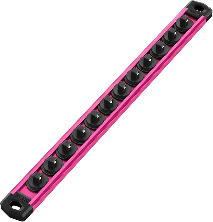 WORKPRO Magnetic Socket Organizer, 1/4-Inch Drive Aluminum Alloy Socket Rail, Heavy Duty Socket Holder, Socket Rack Kit 1/4-Inch x 12 Clips Rose Red (Socket not Included)