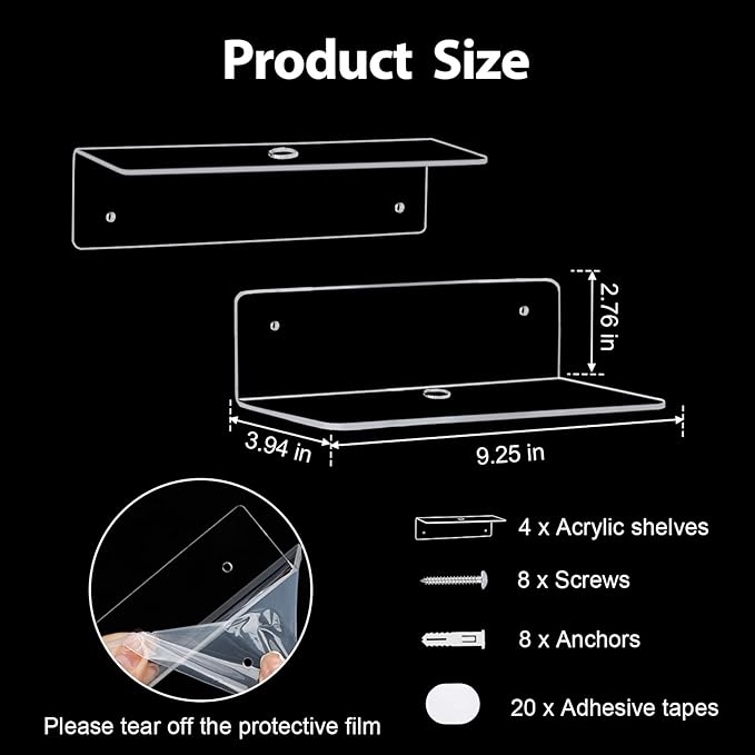 luium 9 Inch Acrylic Floating Shelf, No Drill Adhesive Wall Shelf Set of 4 for Storage, Floating Shelves Damage-Free Expand Wall Space for Living Room, Office, Gaming Room, Bathroom