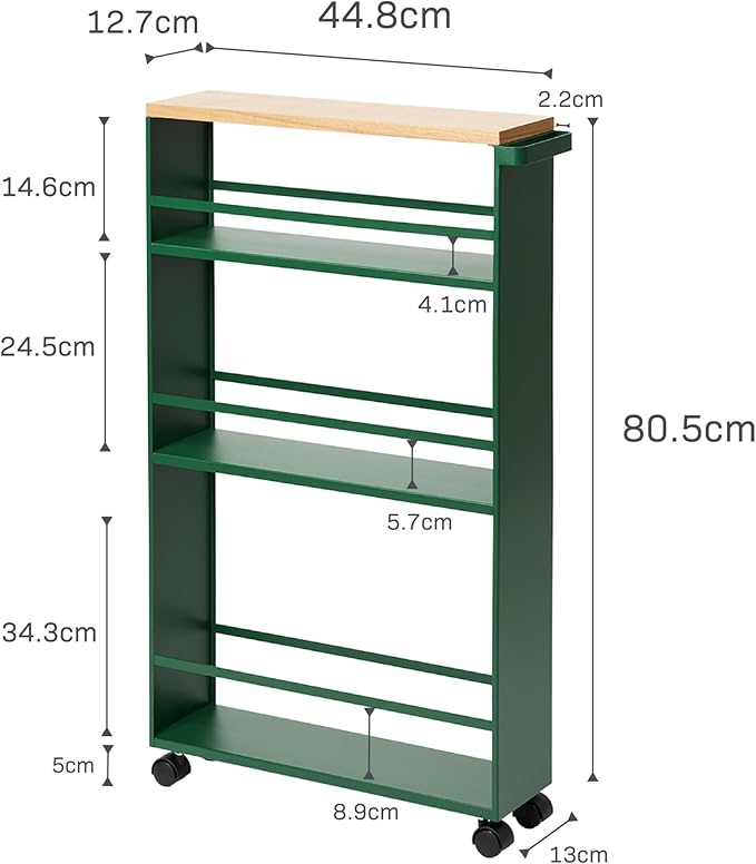 YAMAZAKI Home Slim Rolling Storage Cart – Narrow Kitchen Storage Cabinet with Handle, Slim Storage Cart with Wheels, Easy Assembly, 32" - Steel -