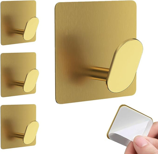 GARGIER Gold Adhesive Hooks for Wall Hanging - Fit for Coat Door Towel Hooks for Bathrooms Decorative Kitchen Shower Glass Wall 304 Stainless Steel Robe &Towel Hooks Brushed Gold 4 Packs