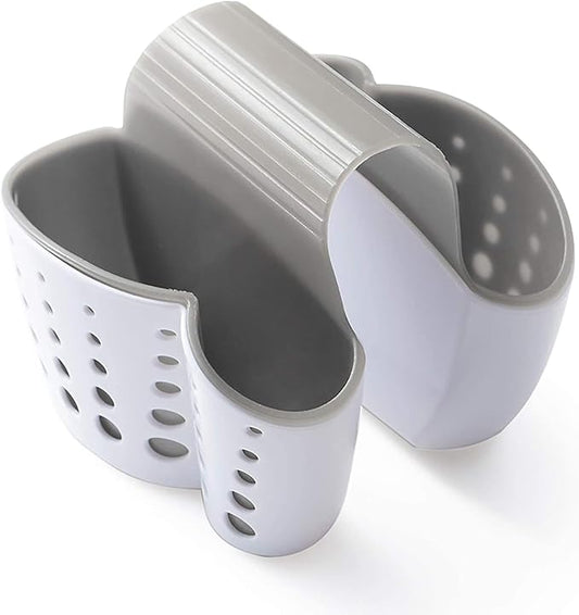 Kitchen Sink Caddy - Silicone Plastic Soap Sponge Holder - BPA-free Rack - Faucet Caddy with Drain Holes for Drying - Adjustable Hanging Strap (White Double)