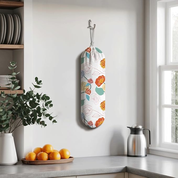 Floral Grocery Bag Holder, Garbage Shopping Trash Bags Carrier Organizer, Reusable Fabric Plastic Bag Holder, Kitchen Housewarming Gifts for Women Family Friends Grandma Mom